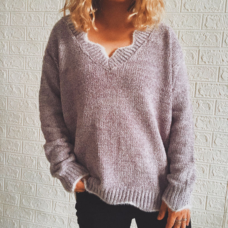 Dame afslappet strik pullover med V-hals og struktureret stof Stilla