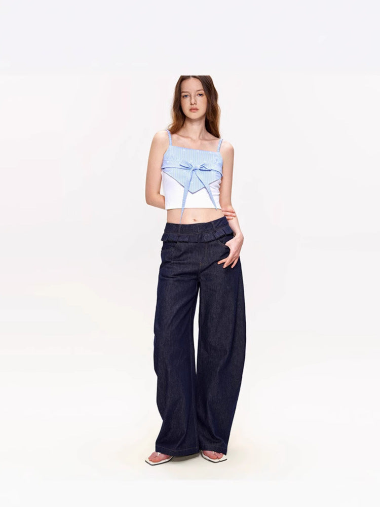 Dame bred Denim-bukser med høj talje og elegant plissé-detalje Stilla