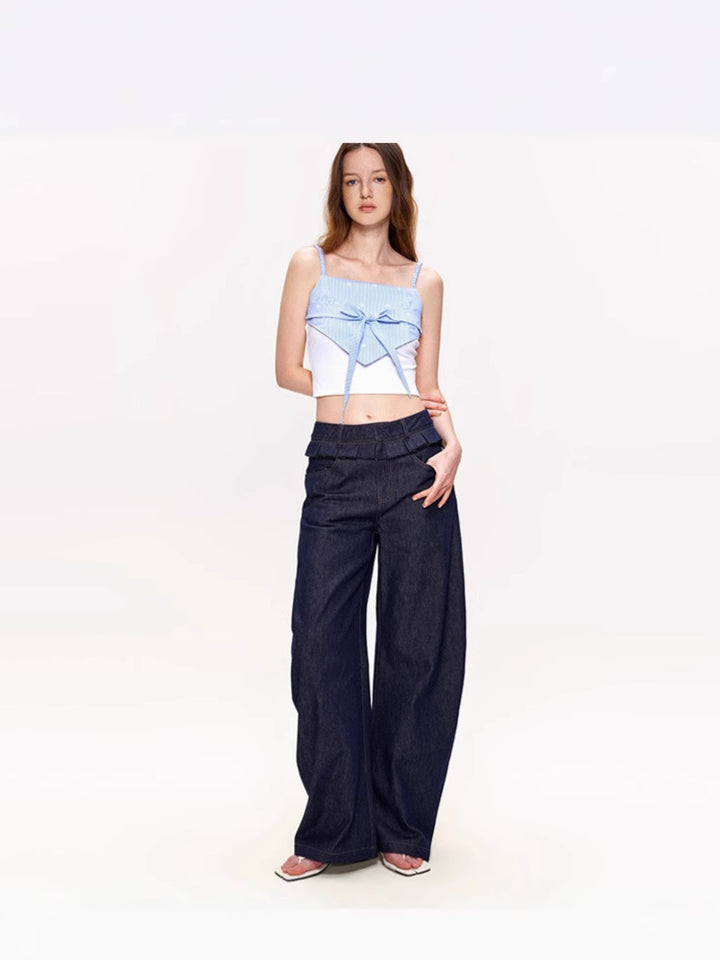 Dame bred Denim-bukser med høj talje og elegant plissé-detalje Stilla
