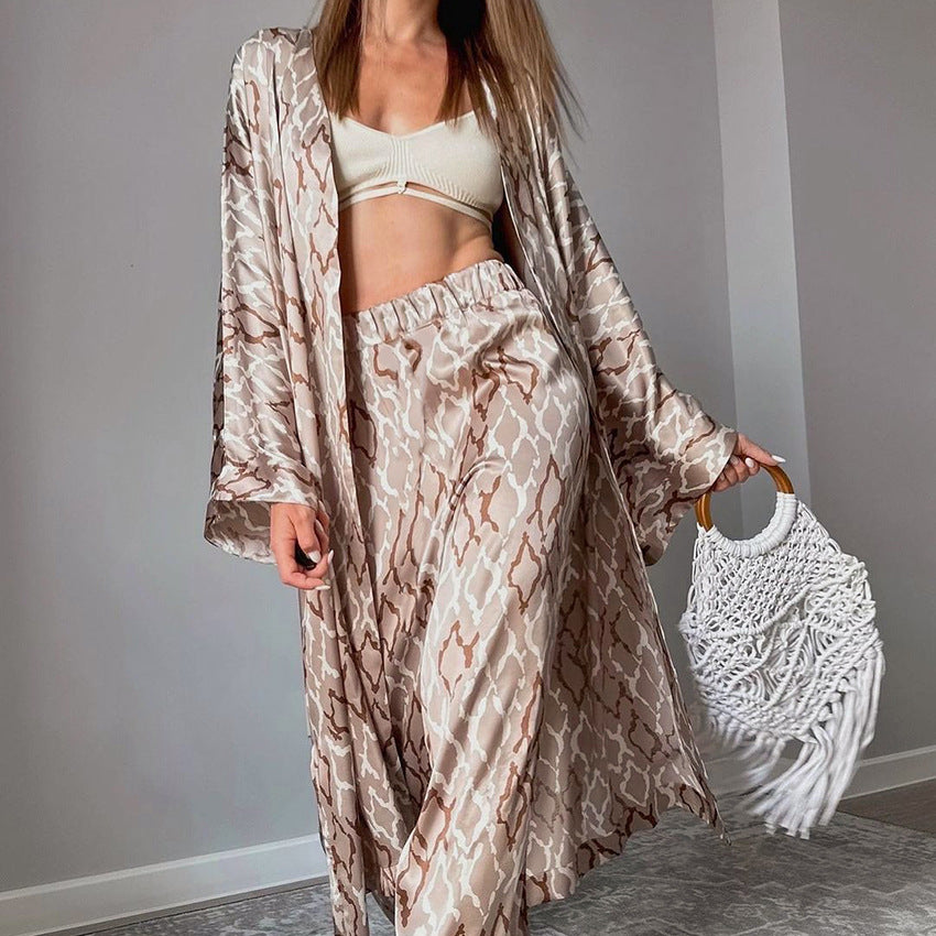 Dame Satin Kimono-Sæt med vid snit og elegante mønstre Stilla