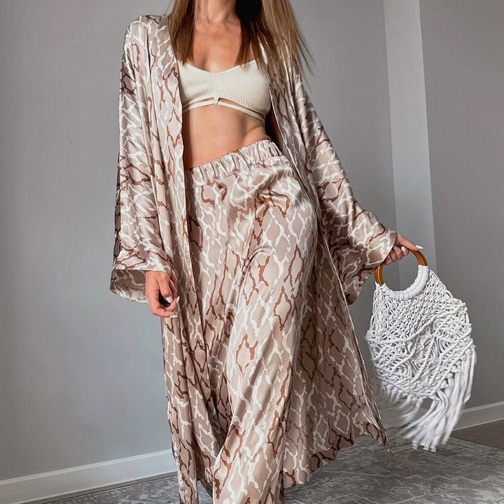 Dame Satin Kimono-Sæt med vid snit og elegante mønstre Stilla