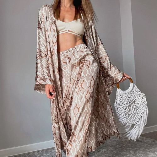 Dame Satin Kimono-Sæt med vid snit og elegante mønstre Stilla