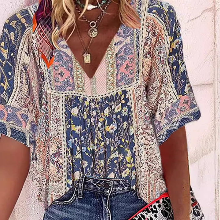 Damebluse i boho-stil med V-udskæring Stilla