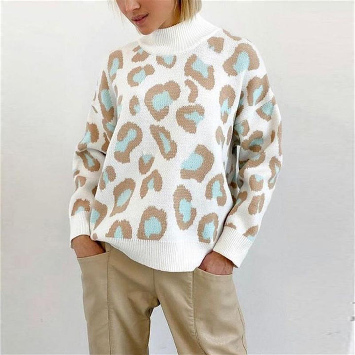 Dame strikpullover med spændende leopardmønster Stilla