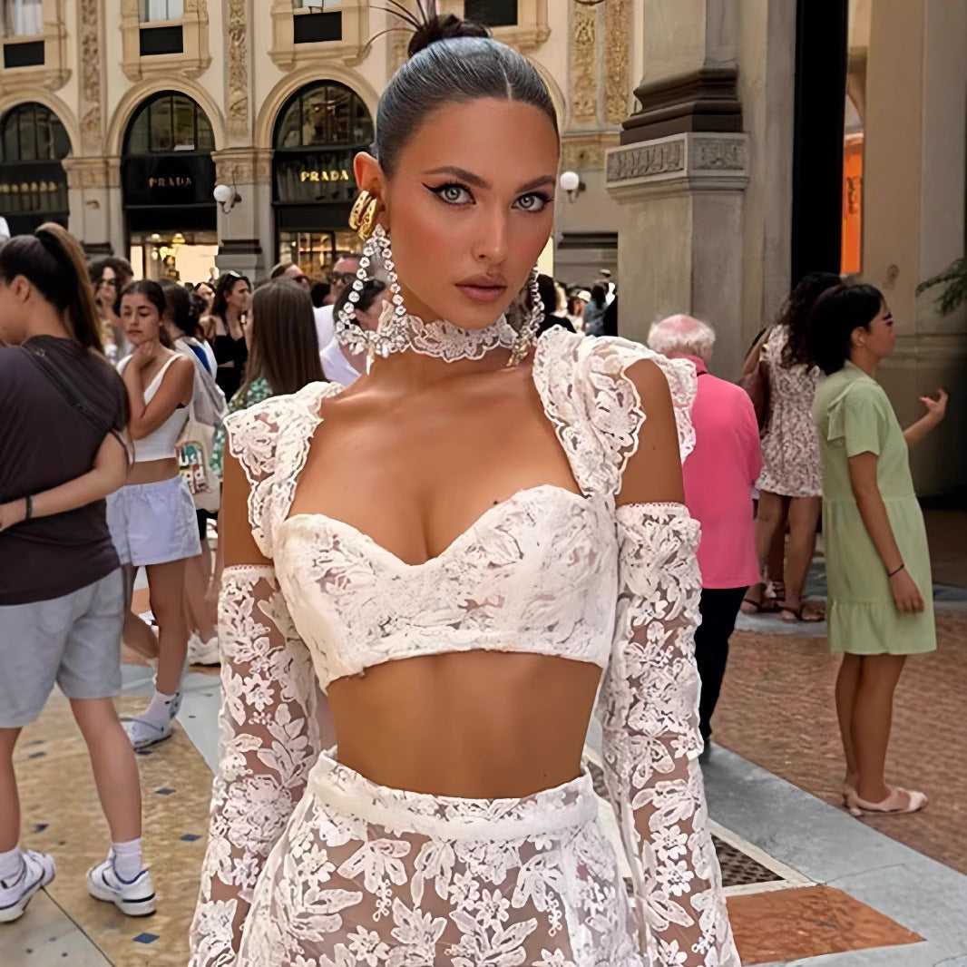 Damer Blonde Crop Top og Nederdel Sæt med Gennemsigtige Detaljer Skovae