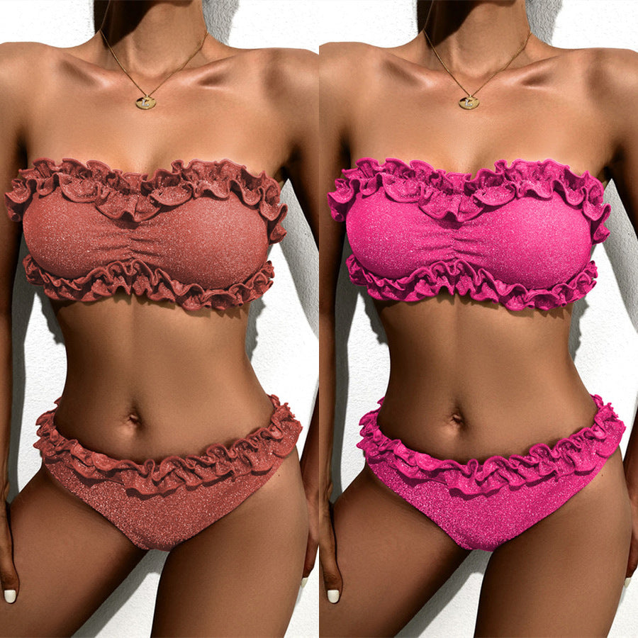 Dame Bandeau-bikini med glamorøst flæsedesign Skovae
