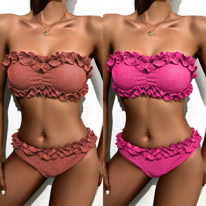 Dame Bandeau-bikini med glamorøst flæsedesign Skovae