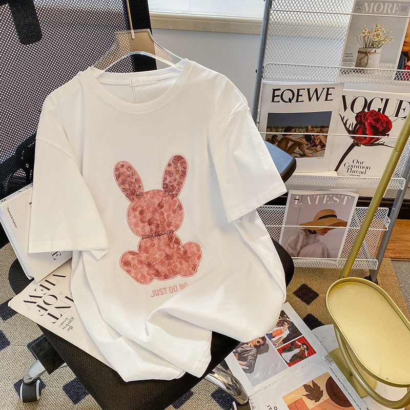 Dame T-shirt med kreativ Bunny-tryk og afslappet snit Stilla