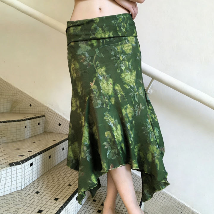 Damen asymmetrischer Maxi-Rock mit floralen Akzenten und elastischem Bund Skovae