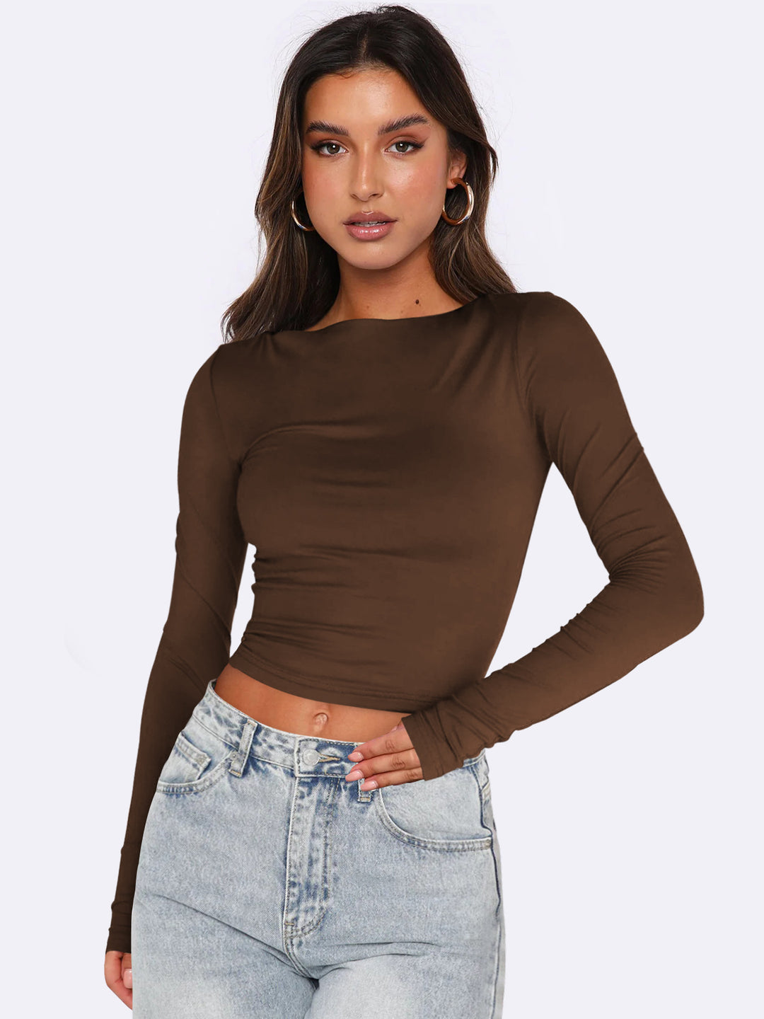 Dame Langærmet Crop-Top med figursyet snit og strækbart materiale Stilla