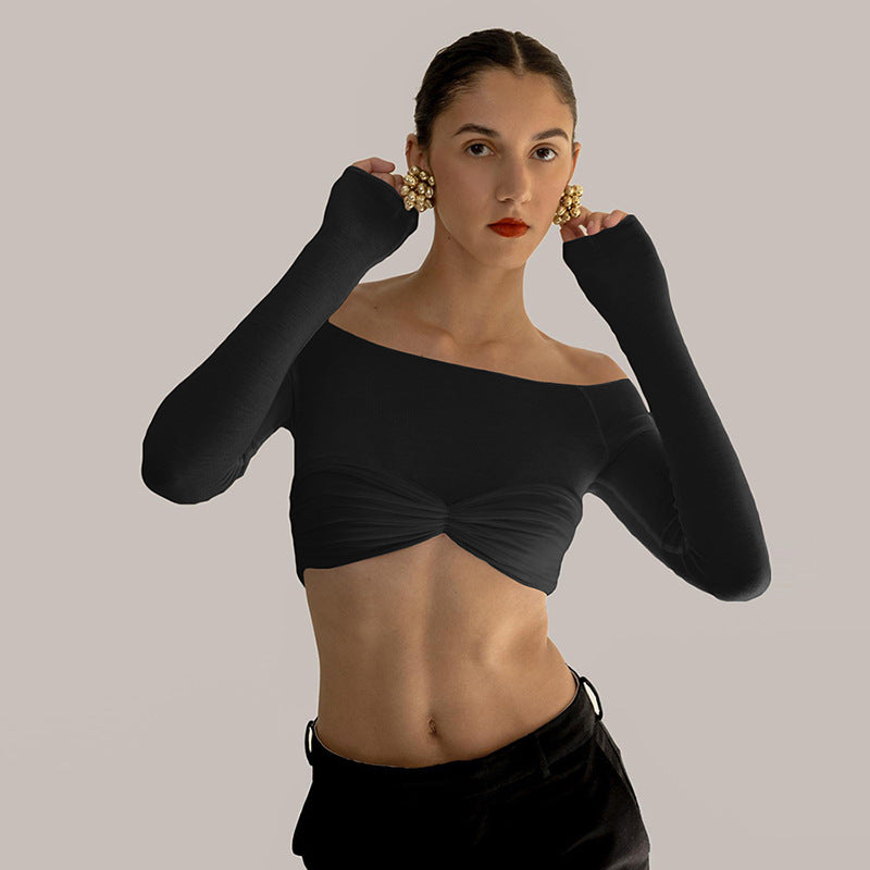 Dame Langærmet Cropped Top med rynket design og off-shoulder look Skovae