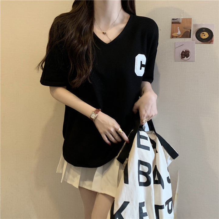 Dame Casual V-Hals Oversized T-Shirt med kontrastdetaljer Stilla