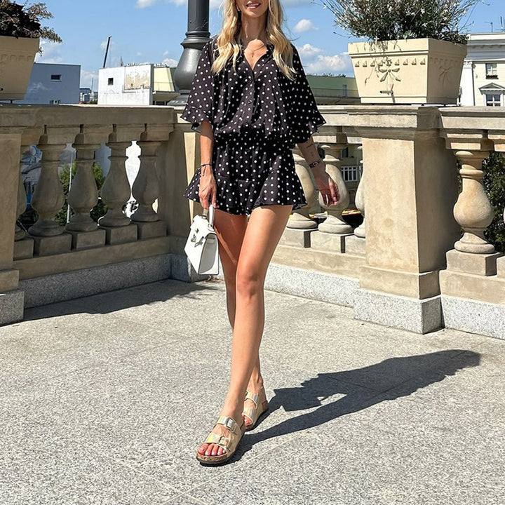 Dame Polka-Dot Kortærmet Jumpsuit med Talje Snøre Stilla