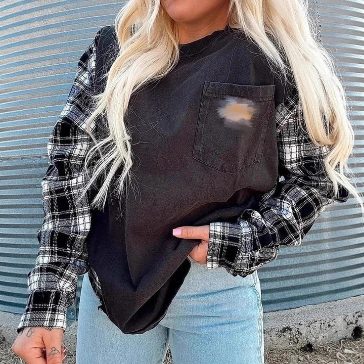 Dame nan oversize sweatshirt i materialemix med ternede ærmer og påsyet brystlomme Skovae