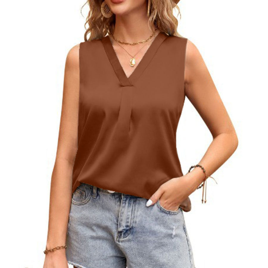 Dame Satin V-hals Bluse med elegant plissering Skovae