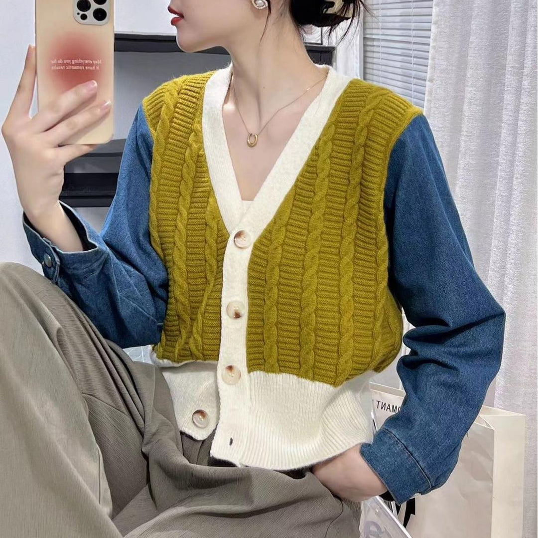 Kvinders stilfulde strikket cardigan med denimærmer Stilla