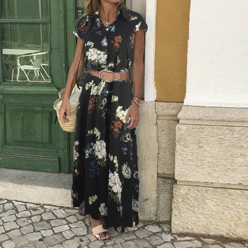 Dame maxikjole med blomsterdesign og praktisk bælte Stilla