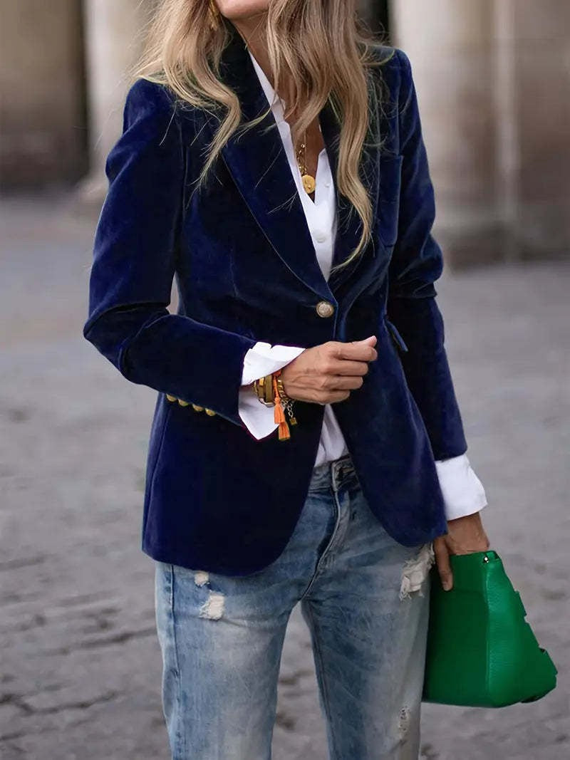 Damer Elegant Fløjl Blazer med Skræddersyet Pasform og Guld Knapper Stilla