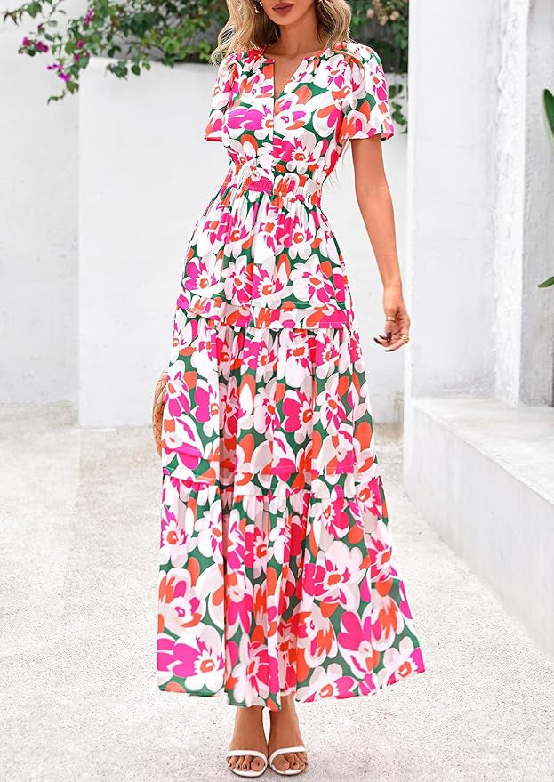 Dame Maxikjole med blomsterprint og elastisk talje Stilla