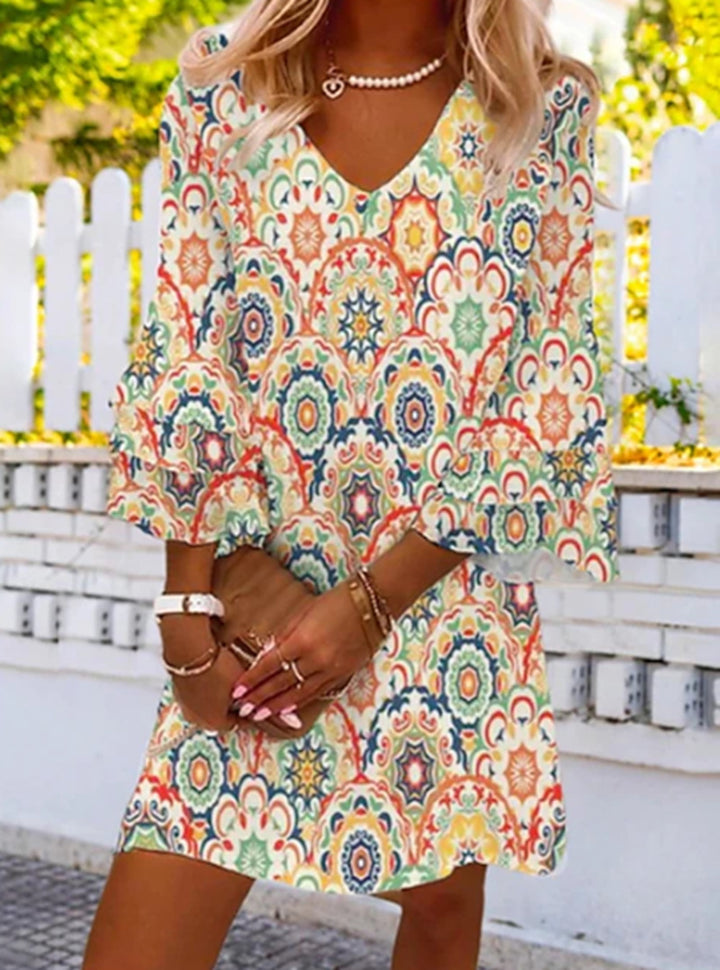 Dame nan locker faldende A-linje mini kjole med V-udskæring trekvart klokkeærmer og ornamentalt mandala-print Skovae