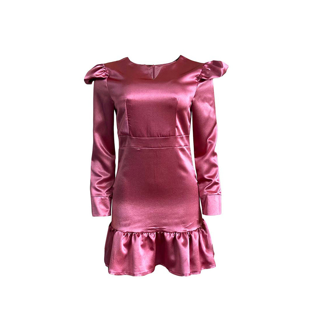 Dame Elegant Satin Kjole med Puffærmer og Flæsekant Stilla