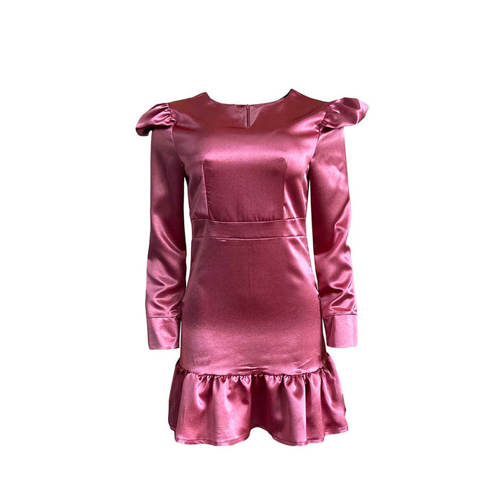 Dame Elegant Satin Kjole med Puffærmer og Flæsekant Stilla