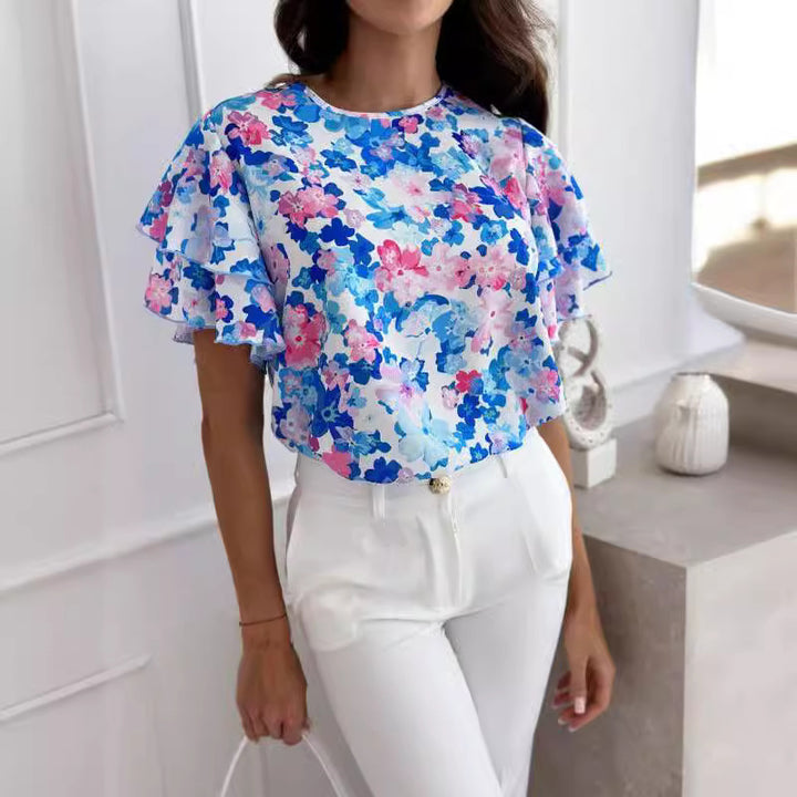 Dame Kortærmet Blomster Rüschenshirt Stilla