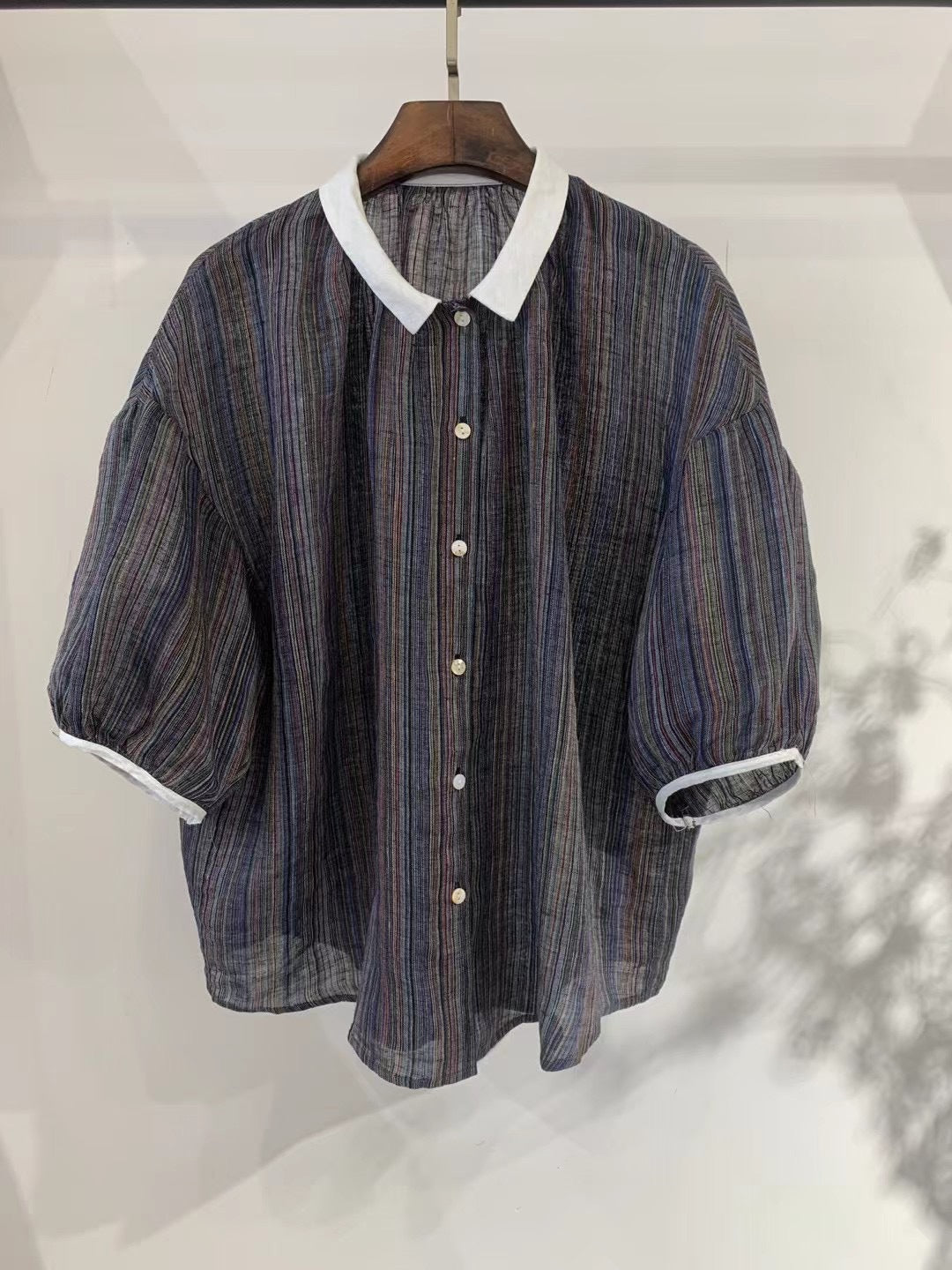 Dame Fritid Korte Ærmer Stribet Button-Up Skjorte Stilla