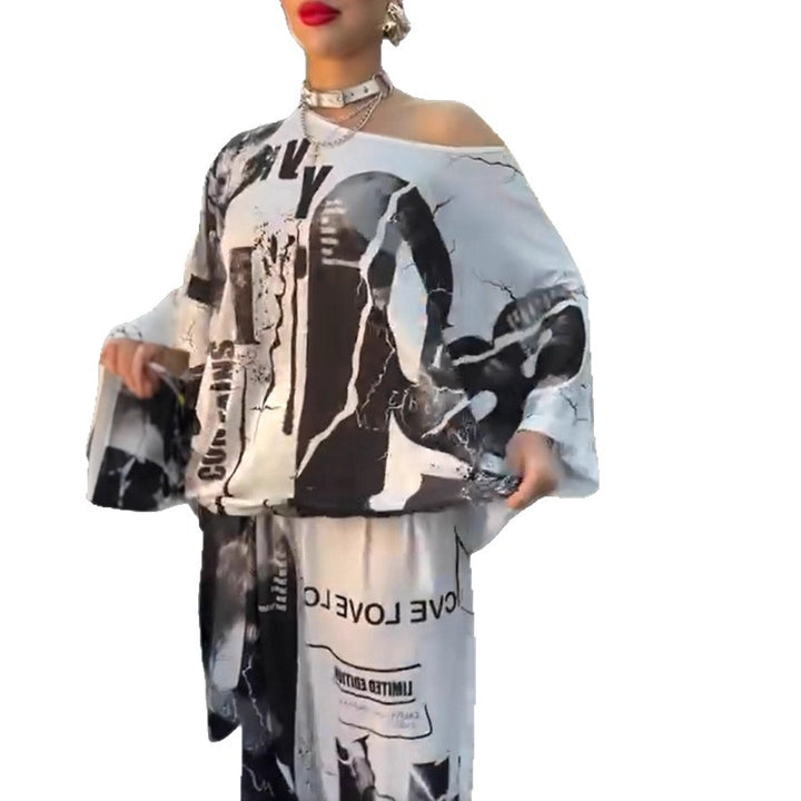Dame nan to-delt løs satin fritids-sæt med off-shoulder flagermus-top og palazzo-bukser Skovae