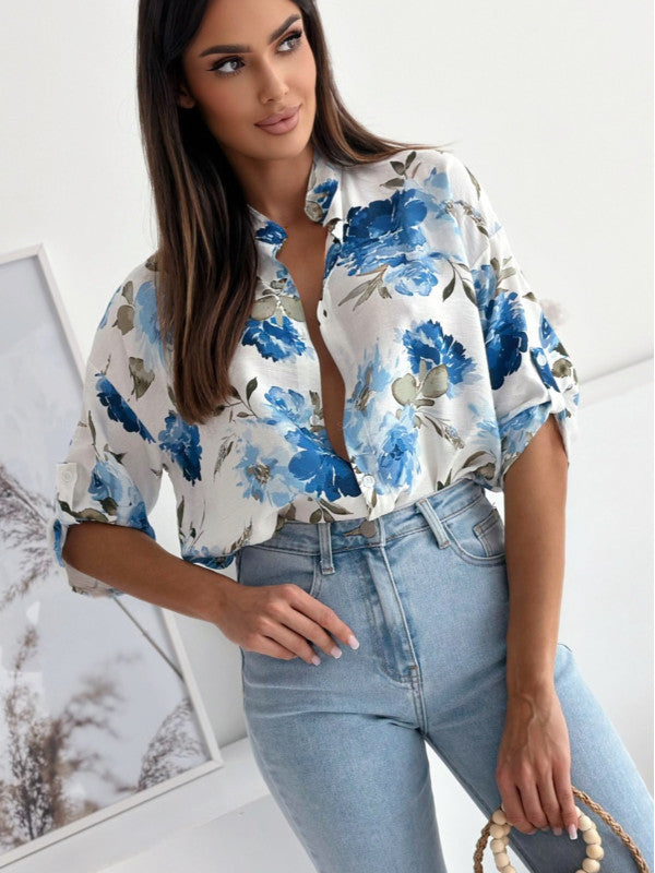 Dame blomster mønster knap-bluse Stilla