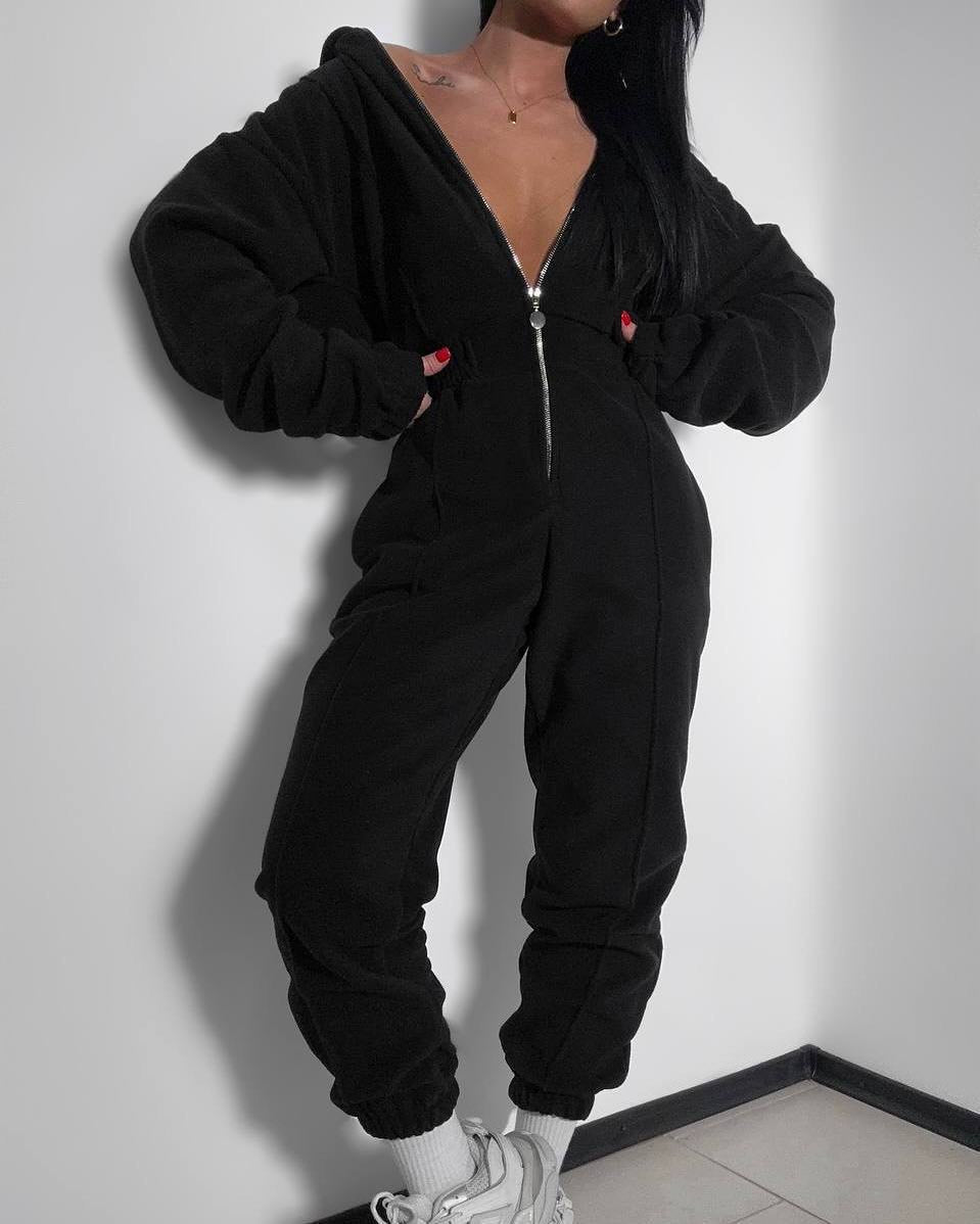 Ladies Fleece Jumpsuit with Zipper and Hood Skovae