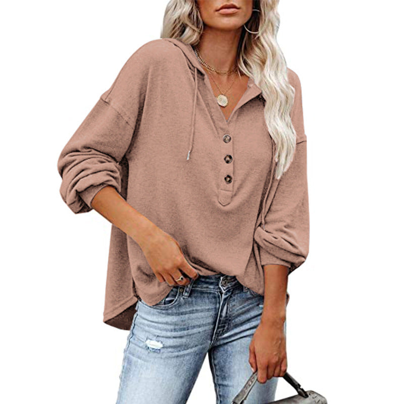 Dame afslappet hættebluse med knapstolpe og oversized snit Stilla