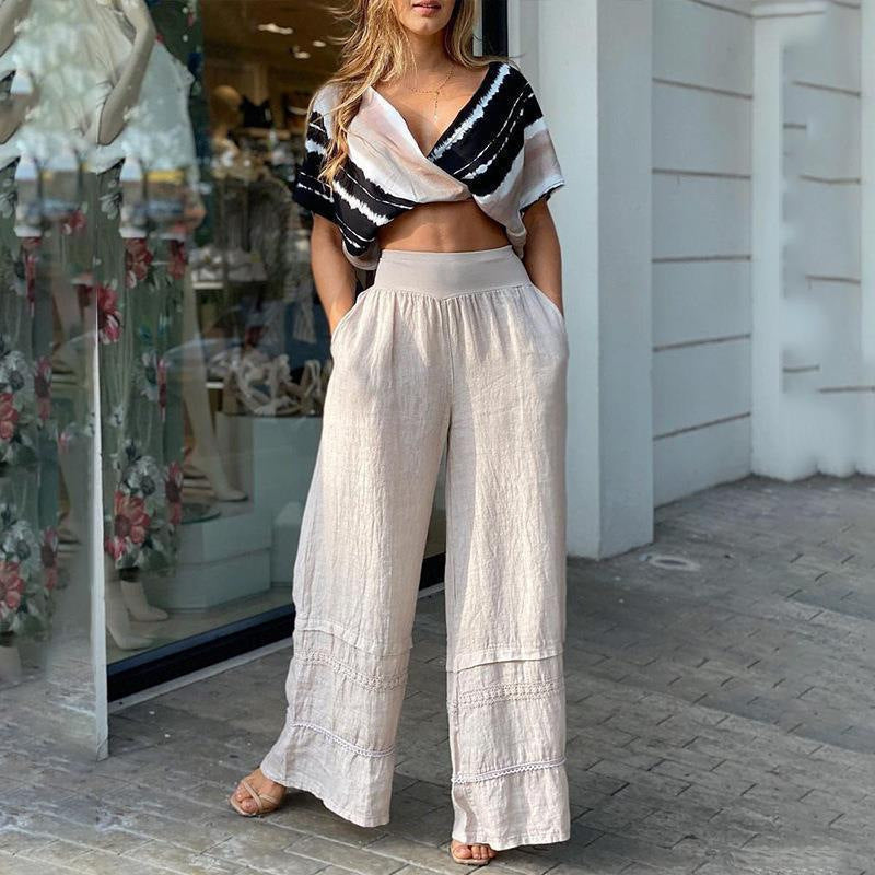 Damer cropped top med stilfuldt stribemønster og brede linbukser Stilla