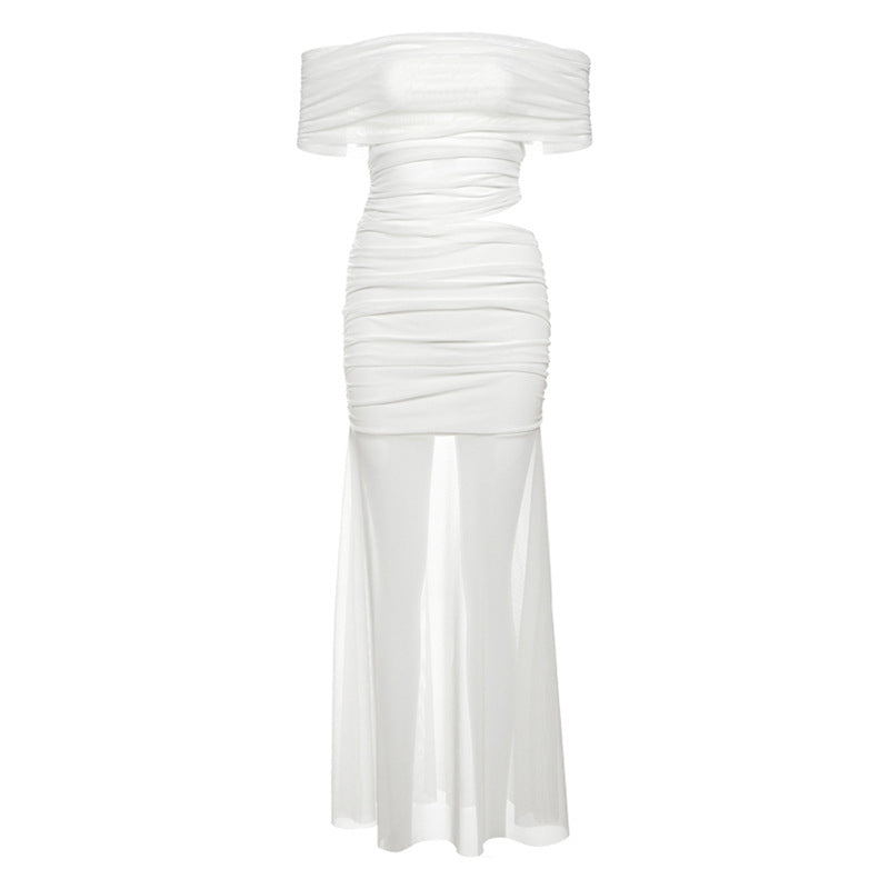 Dame Off-Shoulder Maxi-Kjole med fine flæsedetaljer og figurskabende snit Stilla