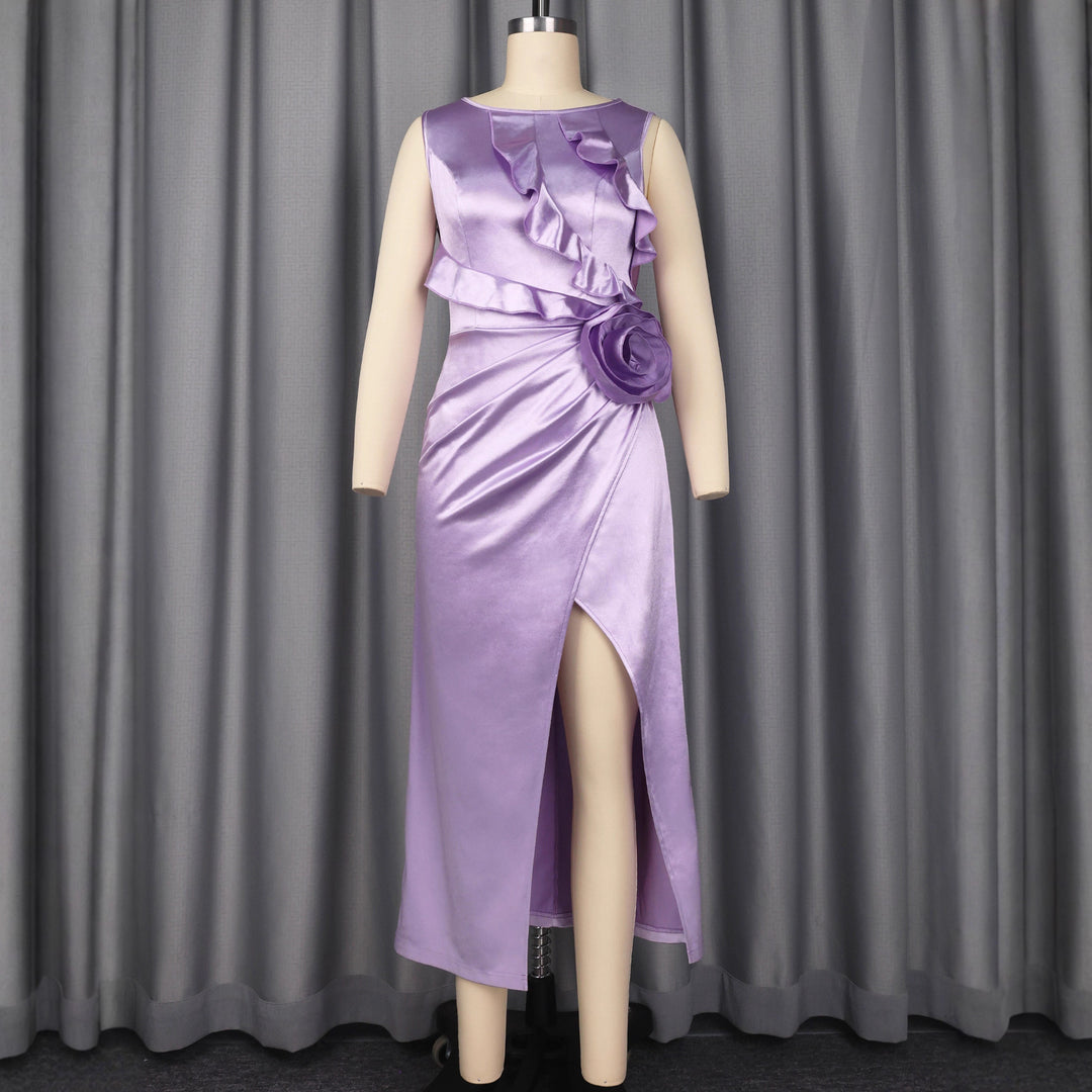 Damer Elegant Satin Aftenkjole med Flæsedetaljer og Sidesplit Skovae