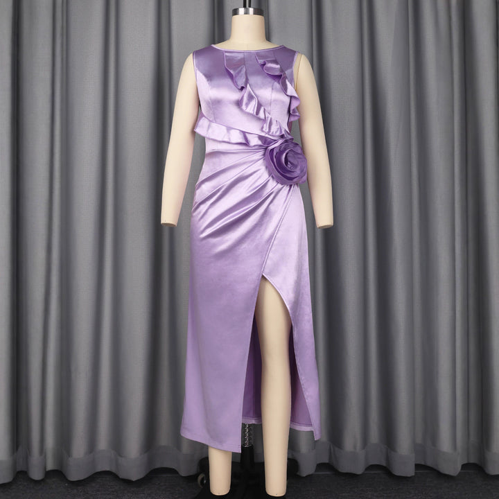 Damer Elegant Satin Aftenkjole med Flæsedetaljer og Sidesplit Skovae