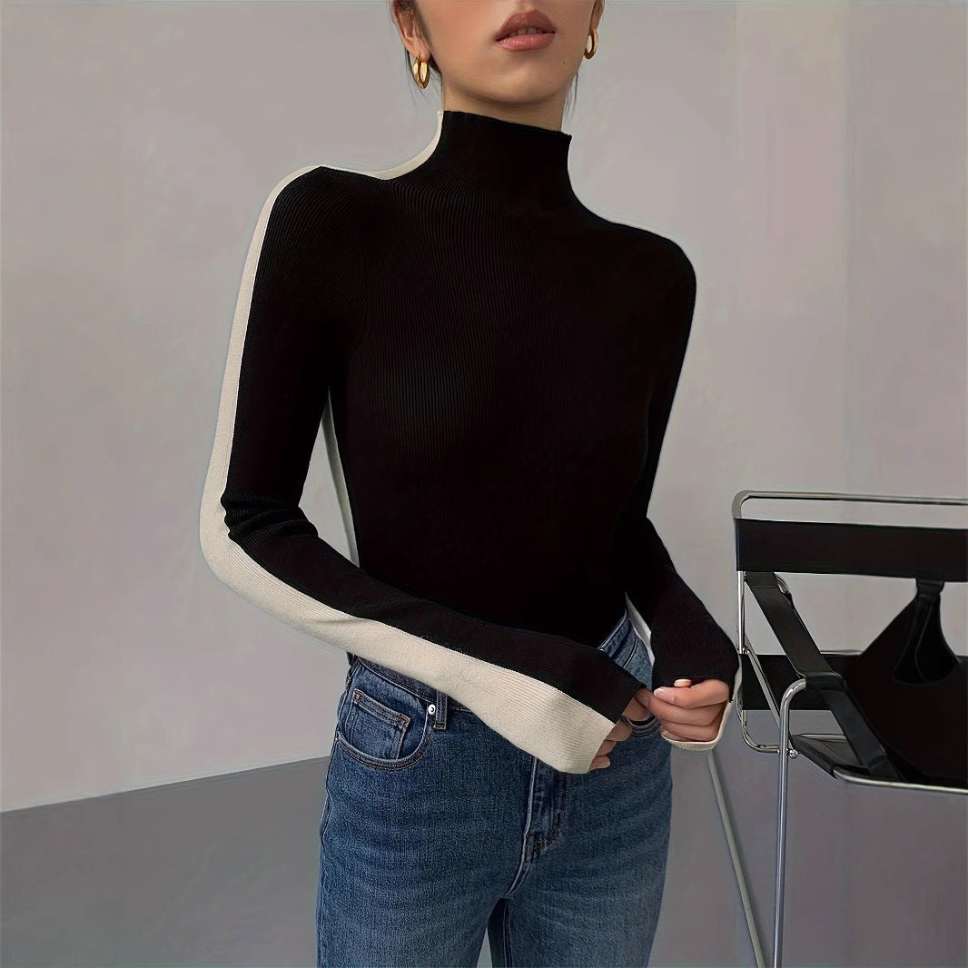 Dame langærmet top i elegant ribdesign med ståkrave Stilla