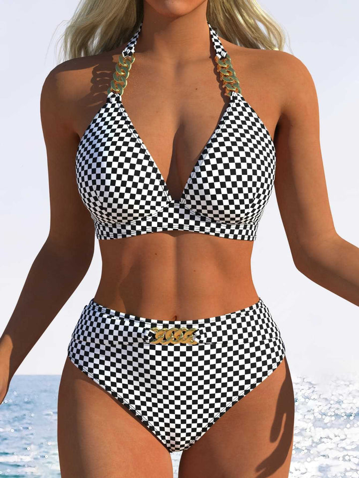 Dame Triangle-Bikini med justerbare bindebånd og moderigtig bølgemønster Skovae