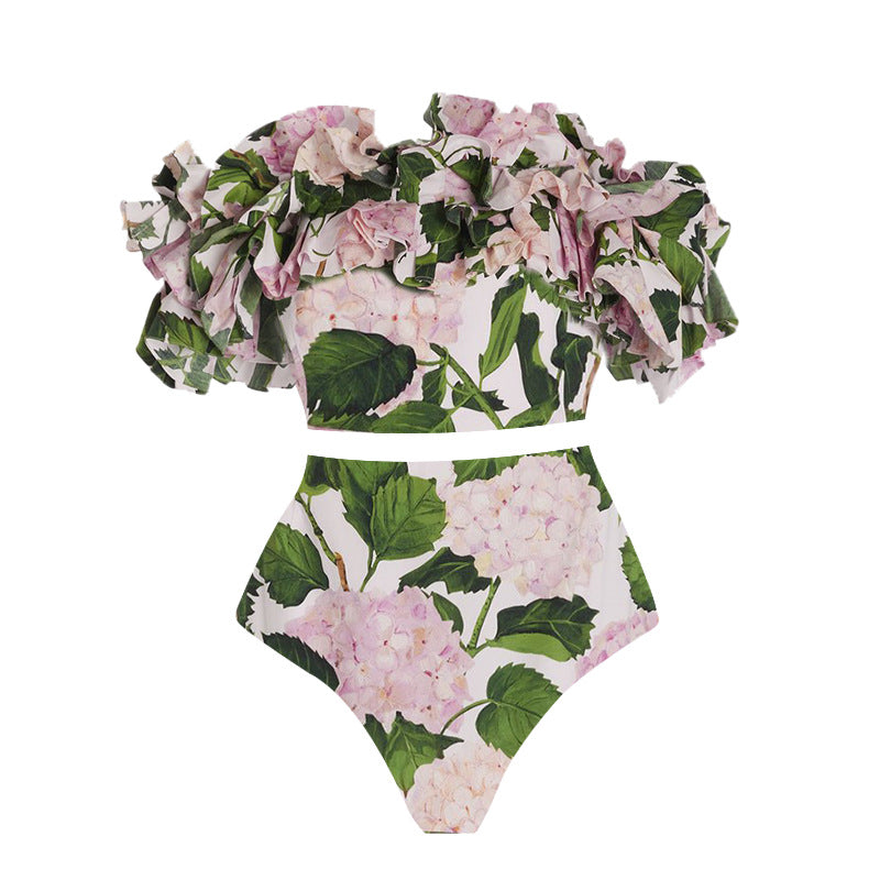 Damer heldragt badedragt med voluminøse flæsedetaljer og blomsterdesign Skovae