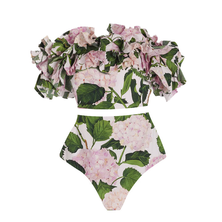 Damer heldragt badedragt med voluminøse flæsedetaljer og blomsterdesign Skovae