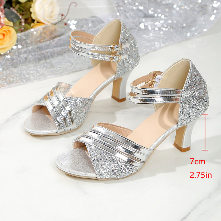 Dame nan skinnende aften-sandalette med fint glimmer, dobbelt ankelrem og elegant midthøj hæl Skovae