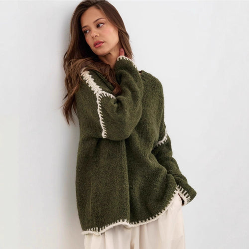 Kvinders afslappede strik sweater med farveaccentueret kant Stilla