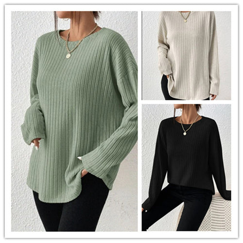 Dame strik pullover med fine rib detaljer Stilla