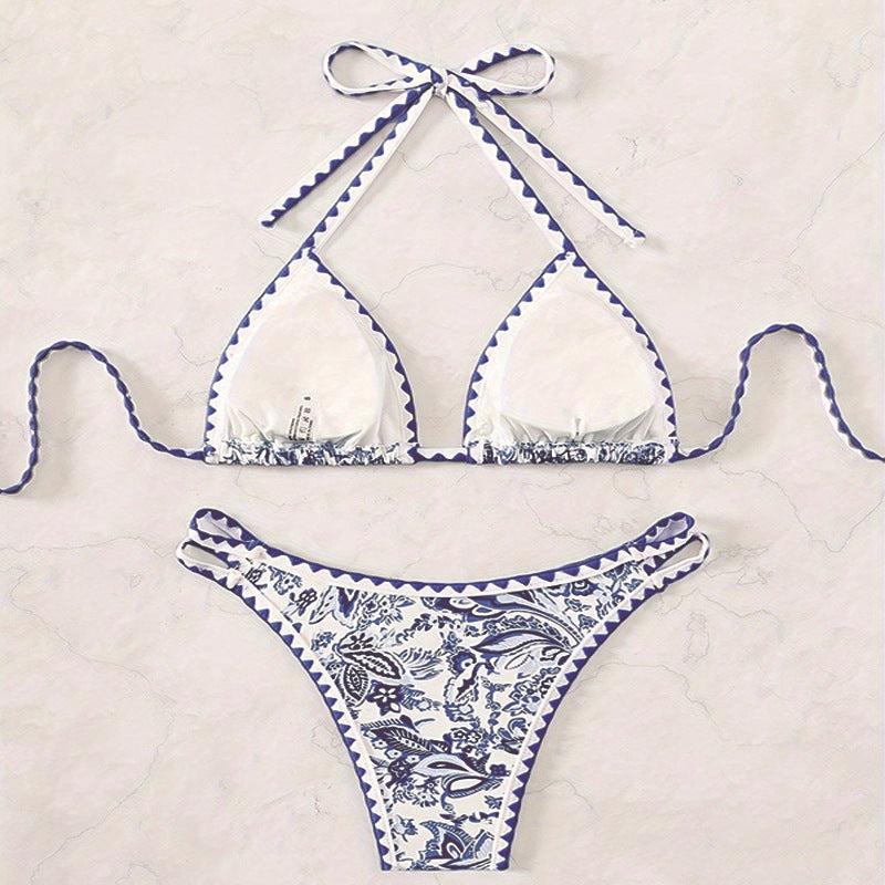 Dame triangel-bikini-sæt med justerbare stropper og blomsterdesign Stilla
