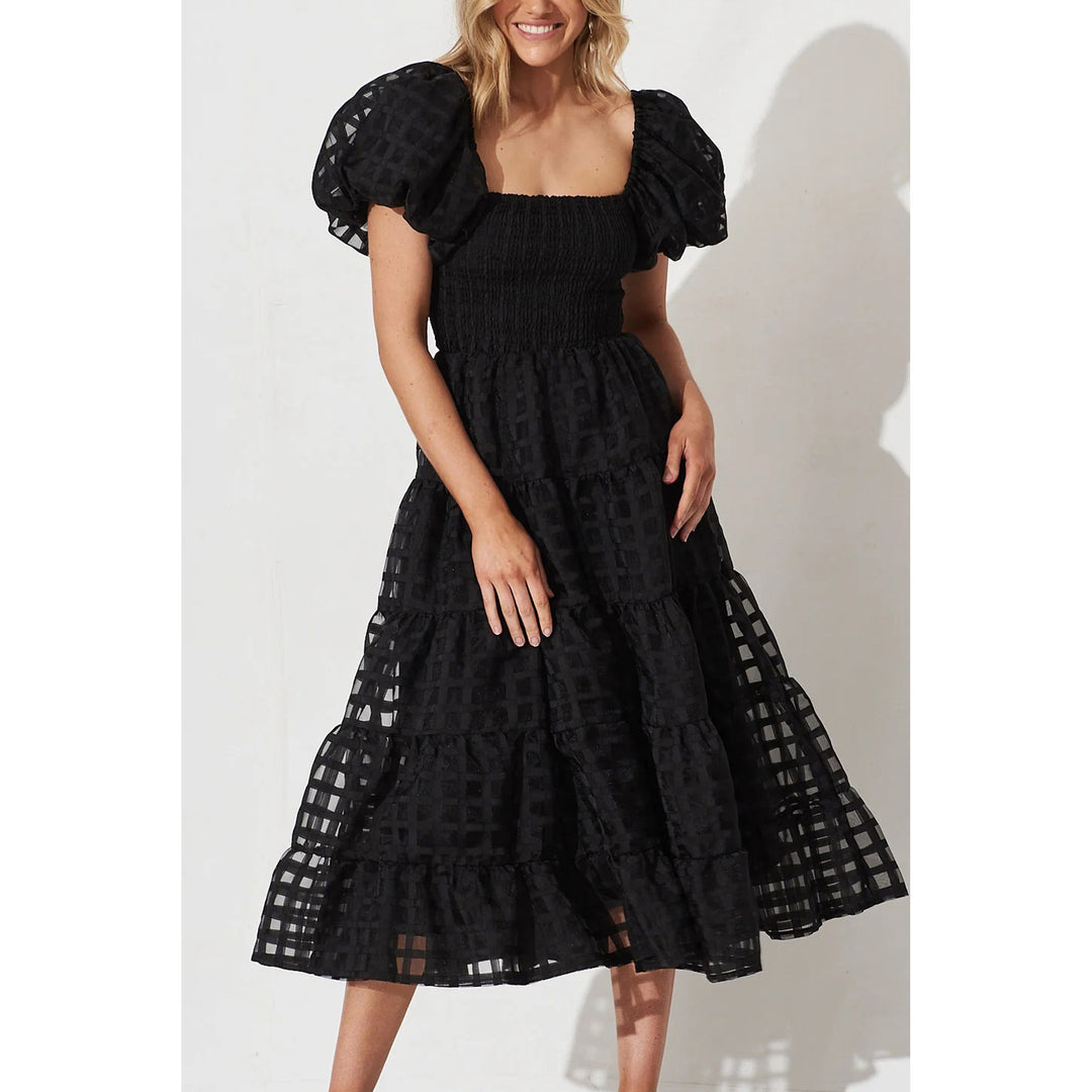 Dame Off-Shoulder Maxi-Kjole med Flæse og Ternet Mønster Stiila