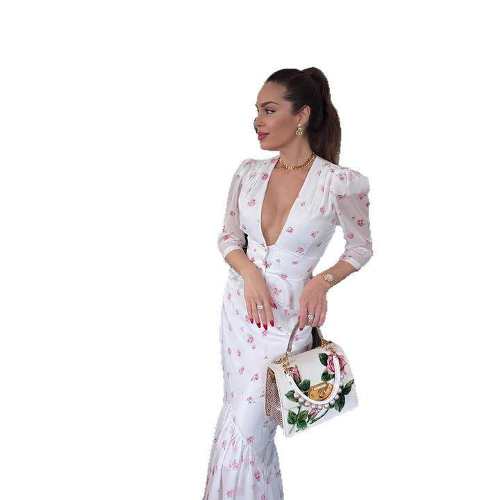 Damer elegant Maxikjole med dyb V-halsudskæring og blomsterdesign Stilla