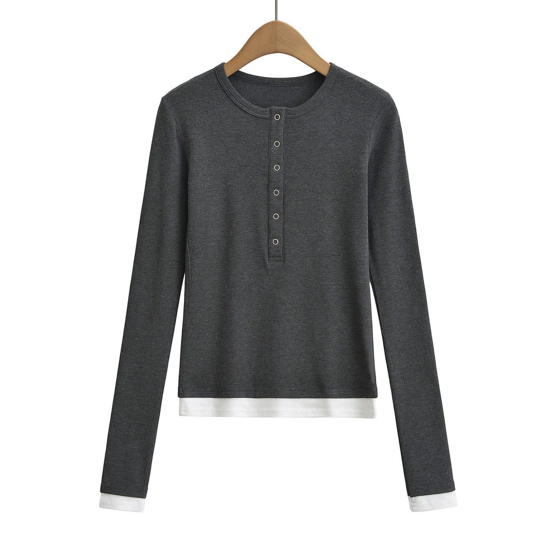 Dame langærmet Henley-shirt med knaplignende udskæring og sidelayouts i kontrast Stilla