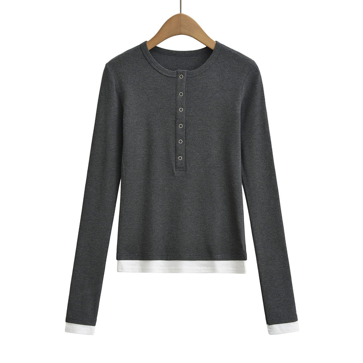 Dame langærmet Henley-shirt med knaplignende udskæring og sidelayouts i kontrast Stilla