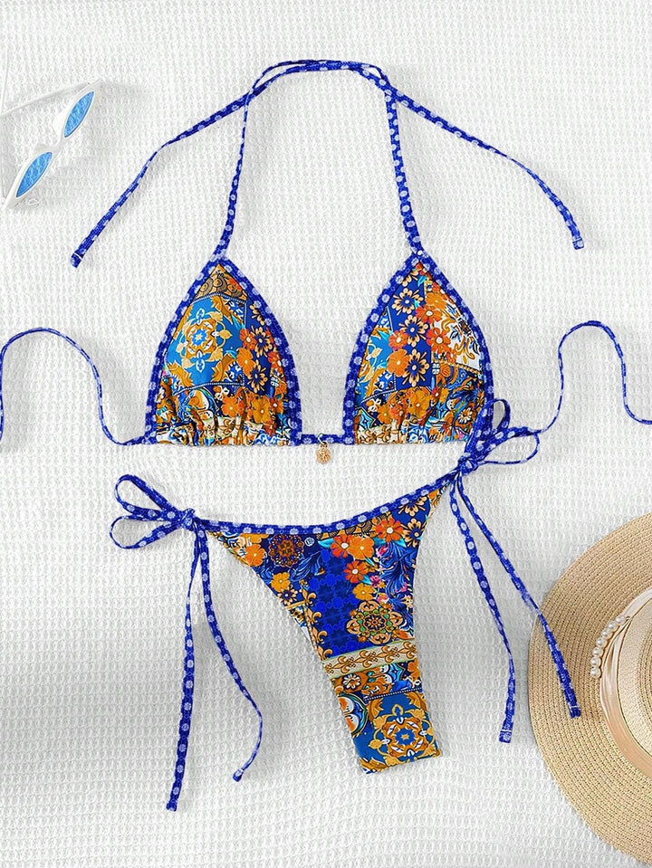 Dame triangel-bikini med farverigt blomster mønster mix og justerbare stropper Skovae