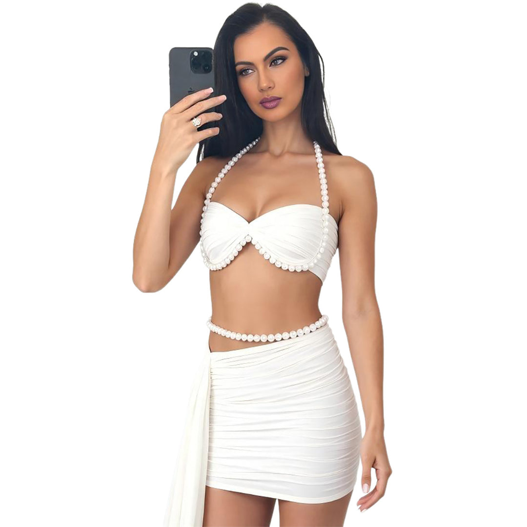 Dame Elegant Bikinisæt med draperede detaljer og perleaccenter Skovae